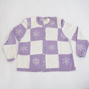 Vintage CJ Banks Purple White Snowflake Check Button Knit Cardigan Sweater 1X